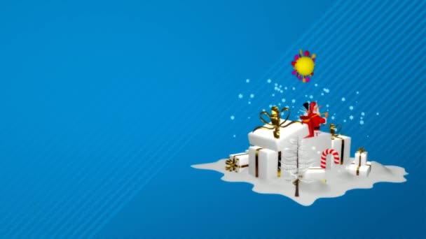 面白いサンタとクリスマスシーン 太陽と贈り物 3Dレンダリング — ストック動画
