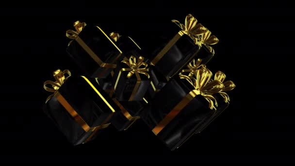 フル回転の12個のブラックゴールドギフトボックス プレミアムデザイン アルファチャンネル 3Dレンダリング — ストック動画