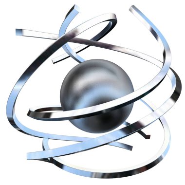 Chrome splines and sphere in abstract rotation. 3D Render