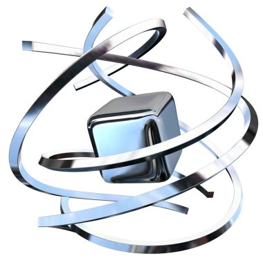 Chrome splines and cube in abstract rotation. 3D Render