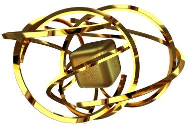 Golden splines and cube in abstract design. 3D Render