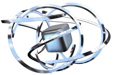Chrome splines and cube in abstract design. 3D Render