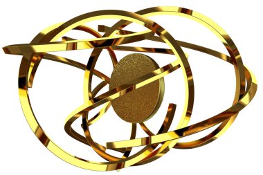 Golden splines and circle in abstract design. 3D Render