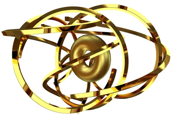 Golden splines and ring in abstract design. 3D Render