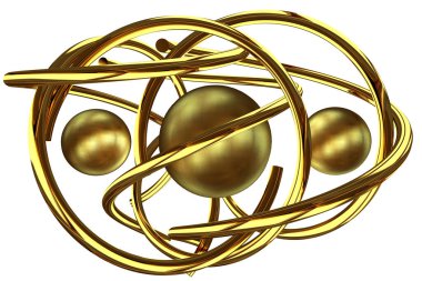 Round Golden splines and spheres in abstract design. 3D Render