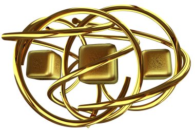 Round Golden splines and cubes in abstract design. 3D Render
