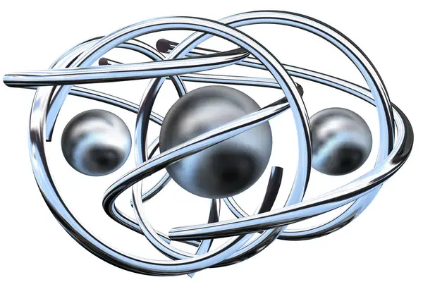 Round Chrome splines and spheres in abstract design. 3D Render