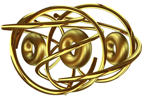 Round Golden splines and rings in abstract design. 3D Render