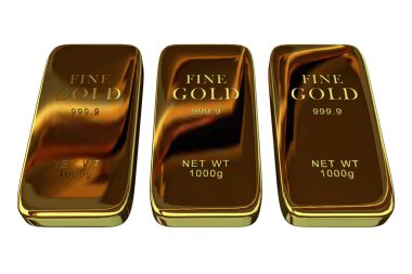 Three Realistic Golden Bars, geometric shapes, transparent background, abstract design. 3D Render