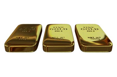 Three Realistic Golden Bars, geometric shapes, abstract design, transparent background. 3D Render