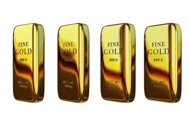 Four Realistic Golden Bars, transparent background, geometric shapes, abstract design. 3D Render