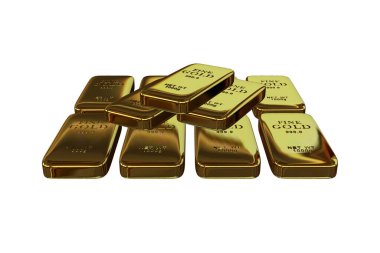 Eleven Realistic Golden Bars, transparent background, geometric shapes, abstract design. 3D Render