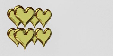 Eight Golden Hearts, white background, holiday theme, abstract design. 3D Render