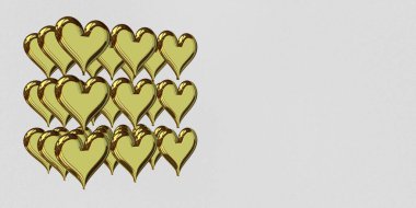 White Background, holiday theme, cube of golden hearts, abstract design. 3D Render