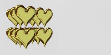 Twelve Golden Hearts, white background, abstract design, holiday theme. 3D Render