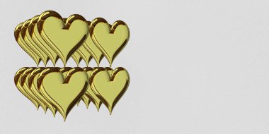 Sixteen Golden Hearts, holiday theme, white background, abstract design. 3D Render