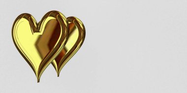 Two Realistic Golden Hearts, holiday theme, white background, abstract design. 3D Render