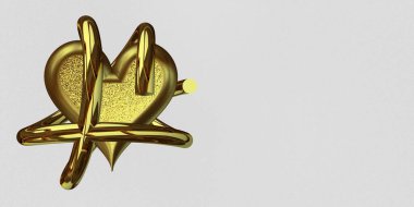Golden Heart, white background, abstract design, holiday theme. 3D Render