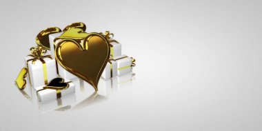 Golden Hearts with Gifts, abstract design, white background, holiday theme. 3D Render