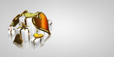 Golden Hearts with Gifts, abstract design, holiday theme, white background. 3D Render