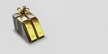 White Gift, Golden Bars, background, capital, finance, investment, bank bullions. 3D Render