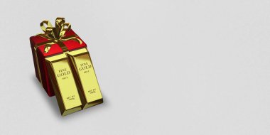 Red Gift, Golden Bars, background, currency market, capital, investment, bank bullions. 3D Render