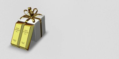 White Gift, Golden Bars, background, bank bullions, investment, capital, currency market. 3D Render