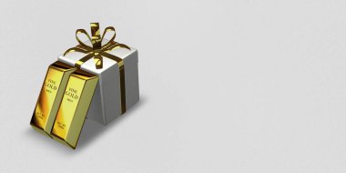 White Gift, Golden Bars, background, capital, investment, bank bullions, currency market. 3D Render