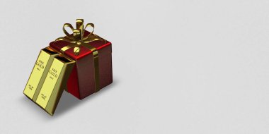 Red Gift, Golden Bars, background, currency market, finance, bank bullions, capital. 3D Render