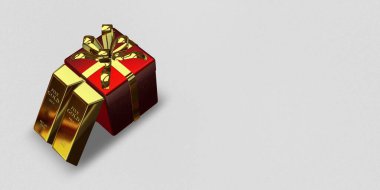 Red Gift, Golden Bars, background, currency market, finance, capital, investment. 3D Render