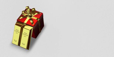 Red Gift, Golden Bars, background, finance, capital, investment, currency market. 3D Render