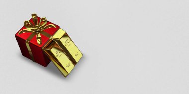 Red Gift, Golden Bars, background, investment, finance, currency market, bank bullions. 3D Render
