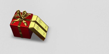 Red Gift, Golden Bars, background, bank bullions, currency market, finance, investment. 3D Render