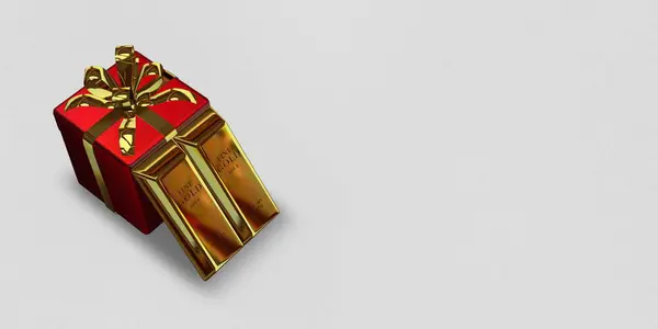 Red Gift, Golden Bars, background, finance, currency market, bank bullions, investment. 3D Render