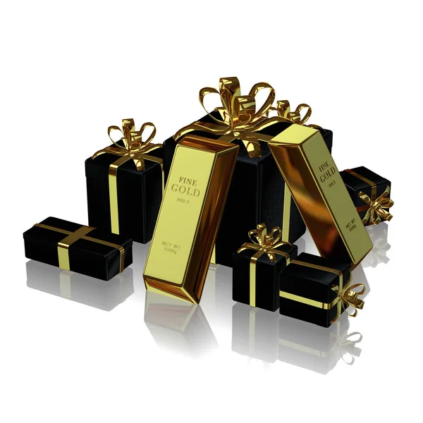 Black Gifts Golden Bars Investment Capital Finance Bank Bullions Render — Zdjęcie stockowe