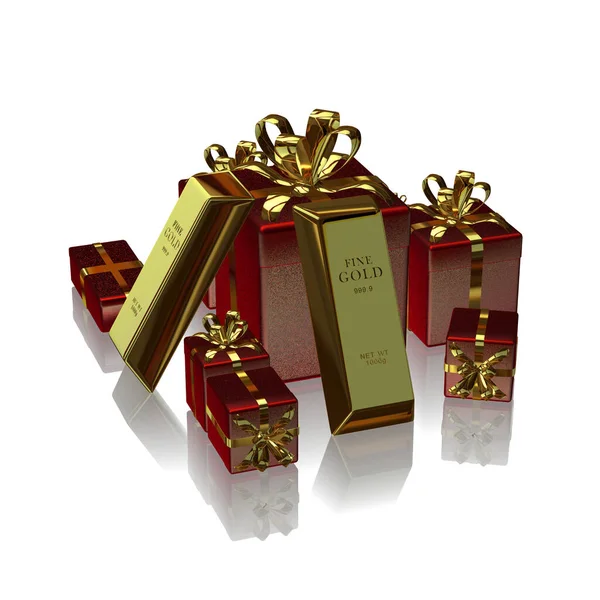 Red Gifts, Golden Bars, investment, bank bullions, capital, currency market. 3D Render