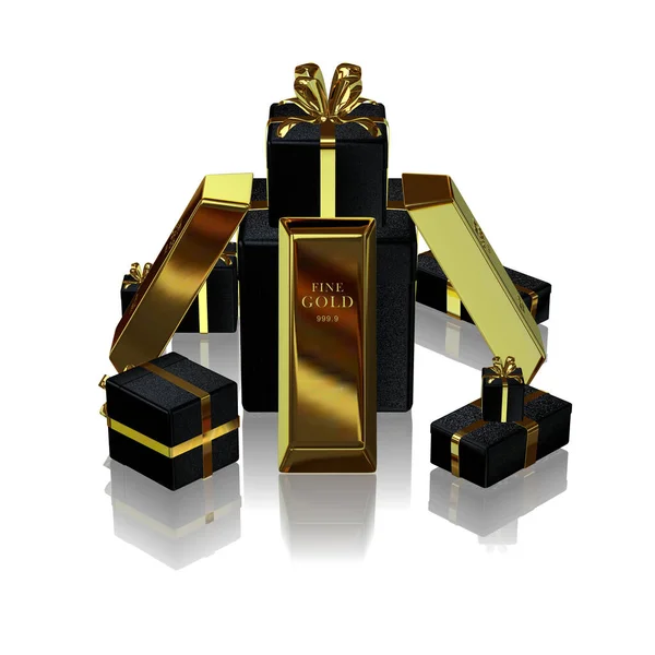 Black Gifts Golden Bars Finance Currency Market Capital Bank Bullions — Zdjęcie stockowe
