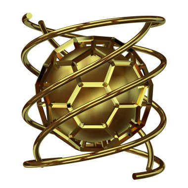 Golden geometric shapes, splines, rectangles, lines, stripes, circles, abstract design. 3D Render