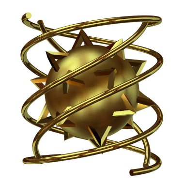 Golden geometric shapes, splines, stripes, circles, lines, rectangles, abstract design. 3D Render