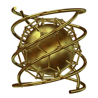 Golden geometric shapes, splines, stripes, rectangles, lines, circles, abstract design. 3D Render