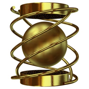 Golden geometric shapes, splines, stripes, lines, rectangles, circles, abstract design. 3D Render