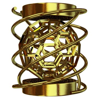 Golden geometric shapes, circles, splines, rectangles, lines, stripes, abstract design. 3D Render