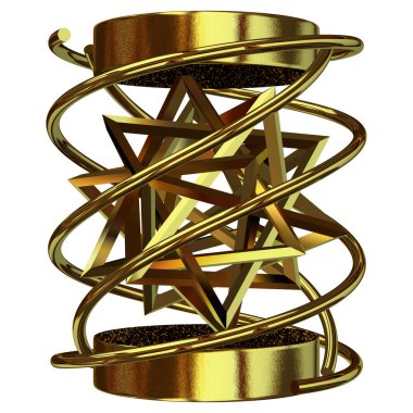 Golden geometric shapes, circles, splines, stripes, rectangles, lines, abstract design. 3D Render