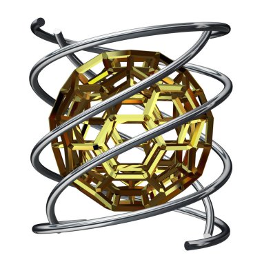 Golden and Silver shapes, circles, lines, splines, rectangles, stripes, abstract design. 3D Render