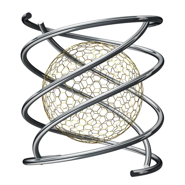 Golden and Silver shapes, circles, rectangles, lines, stripes, splines, abstract design. 3D Render