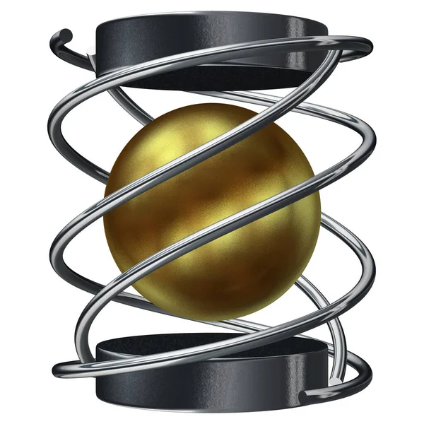 Golden and Silver shapes, rectangles, splines, circles, lines, stripes, abstract design. 3D Render