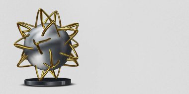 Golden and Silver shapes, background, abstract design, spheres, splines, circles. 3D Render