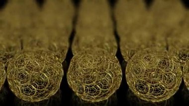 Background with golden spheres and blur effect, abstract design, 3D Render, geometric figure