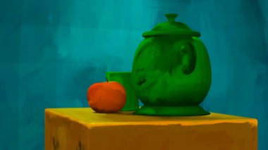 Painted picture with a yellow apple in 3D rendering