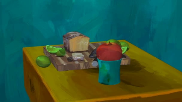 3D渲染中的绘画图画 面包加柠檬和苹果 — 图库视频影像